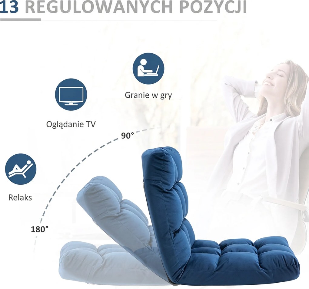 HOMCOM Sofa podłogowa z materacem Niebieska Regulowane oparcie Pluszowy materiał dla gości 55x71x53,5 cm | Aosom PL