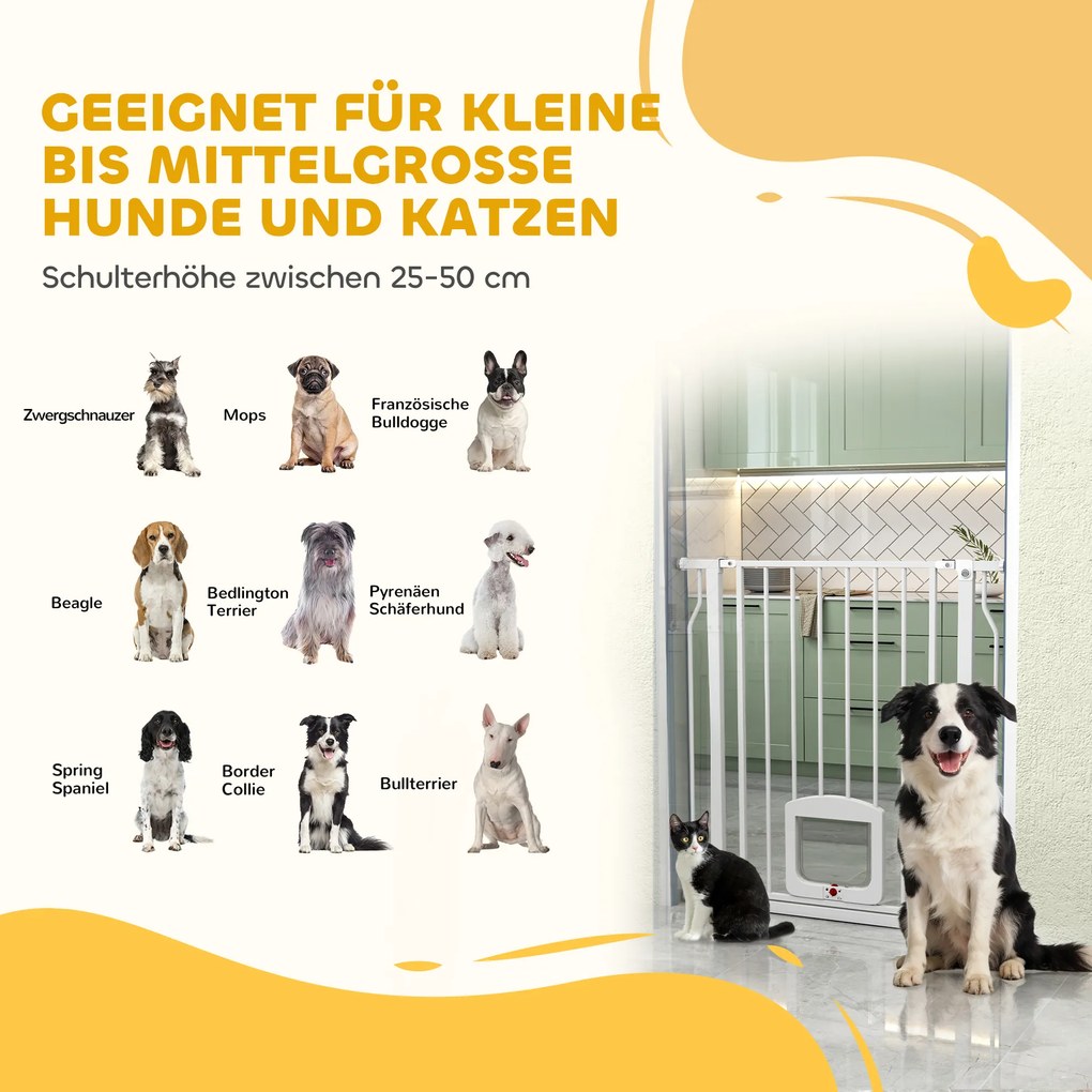 PawHut Bramka zabezpieczająca drzwiowa z drzwiczką dla kota, bez wiercenia, 75-85 cm ze stali dla psów, schody, drzwi, Weiß | Aosom PL