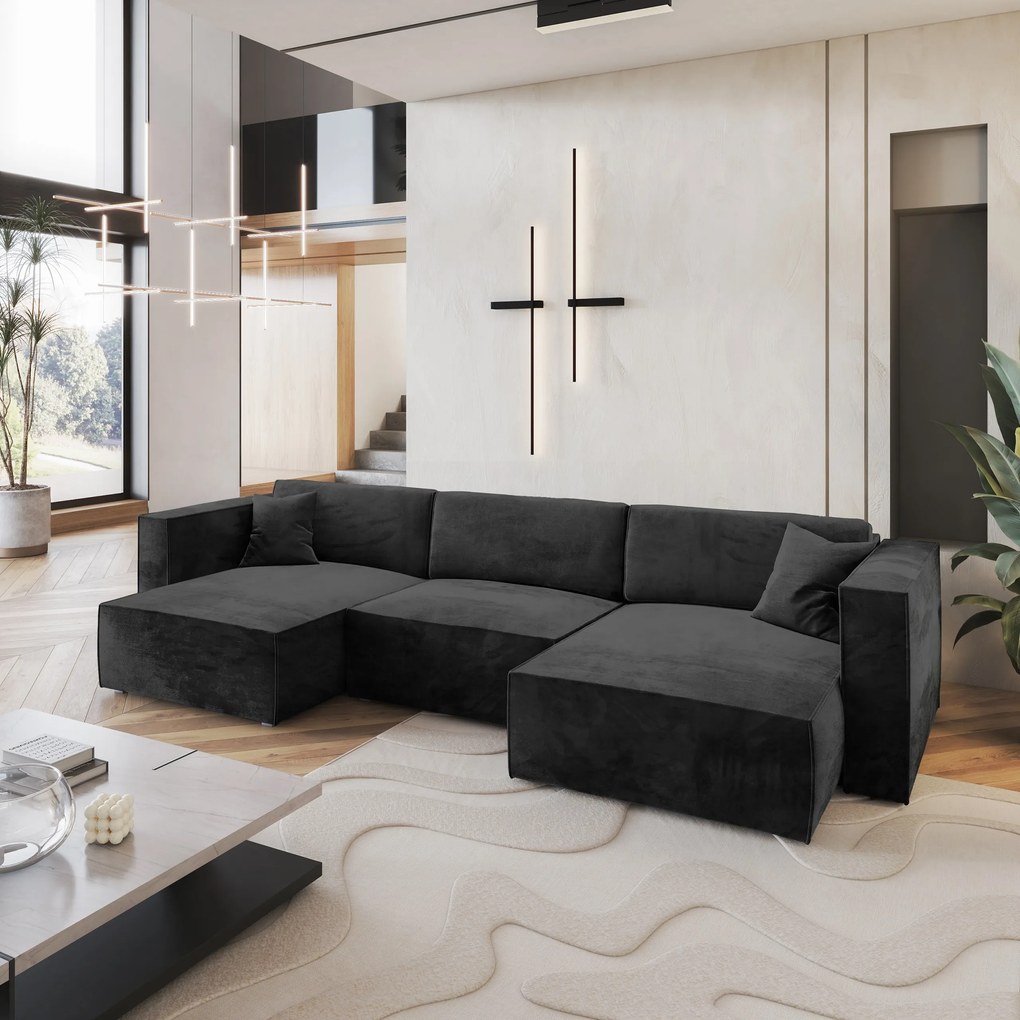 Masseno Narożnik SARMO z funkcją spania i pojemnikiem na pościel Narozniki U, Rozkładana sofa - Czarny, MONOLITH 95