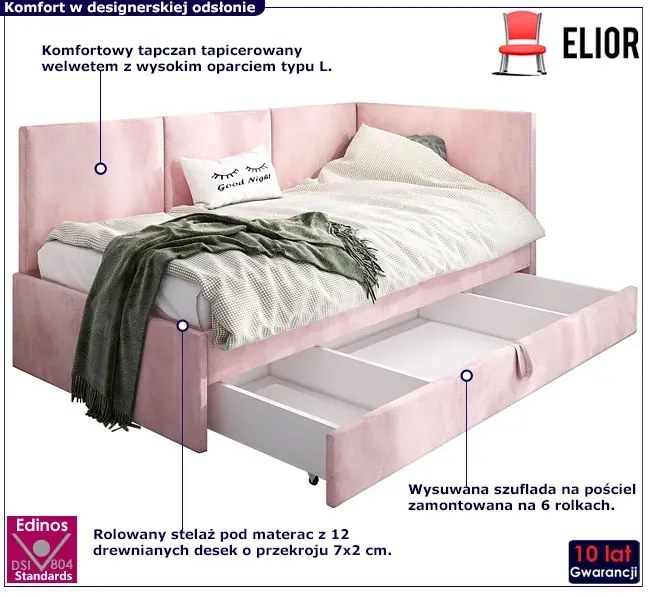 Różowy tapczan dziecięcy z szufladą Z0-D28