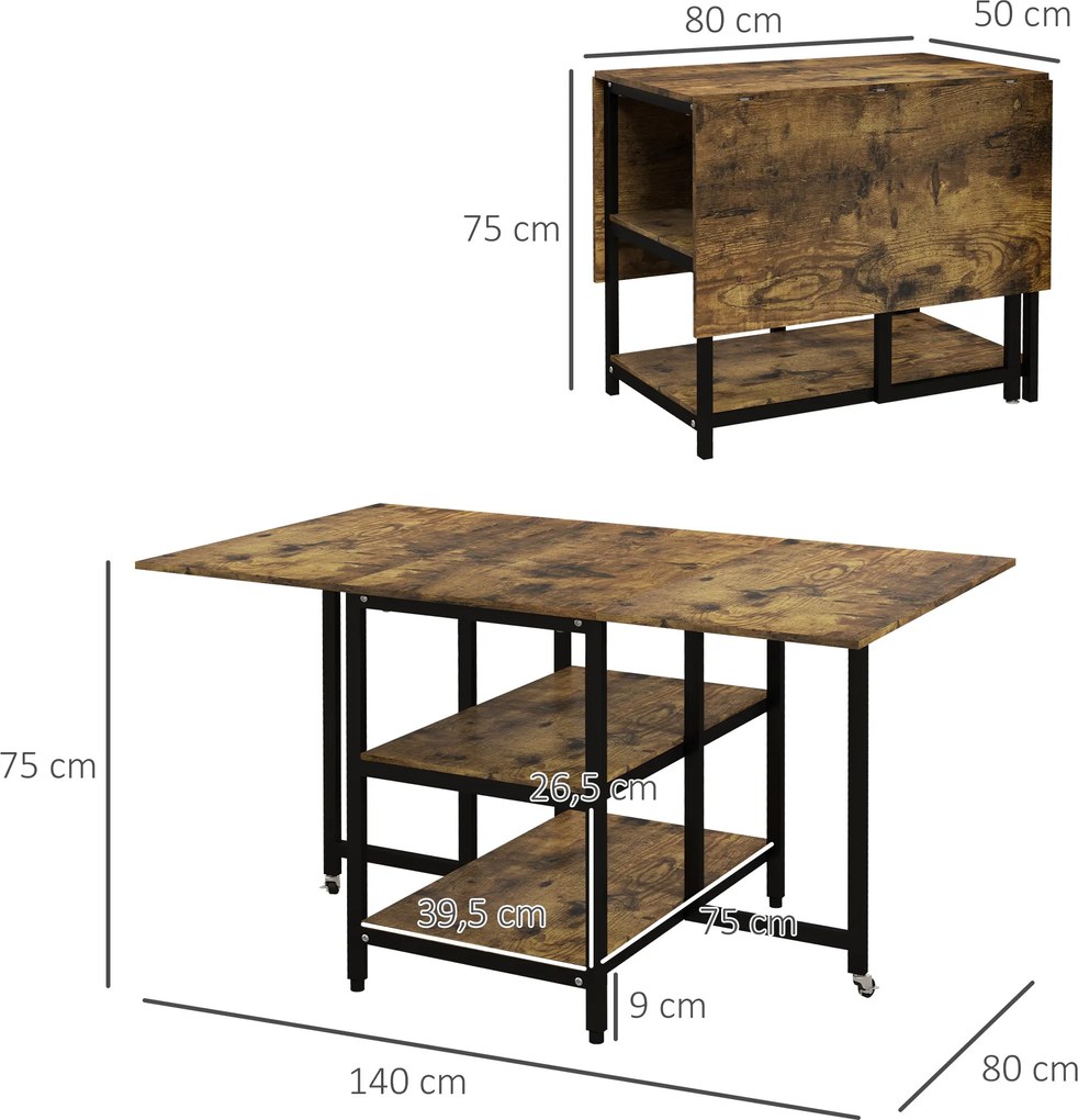 HOMCOM Stół składany do jadalni z kółkami i regulacją nóżek styl industrialny 140x80x75 cm brązowy czarny | Aosom PL
