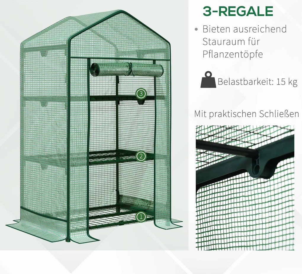 Outsunny Mini Szklarnia Foliowa z 3 Półkami i Drzwiami Zwijanymi Rabatka Warzywna Praktyczna 69x49x125cm Zielony | Aosom PL