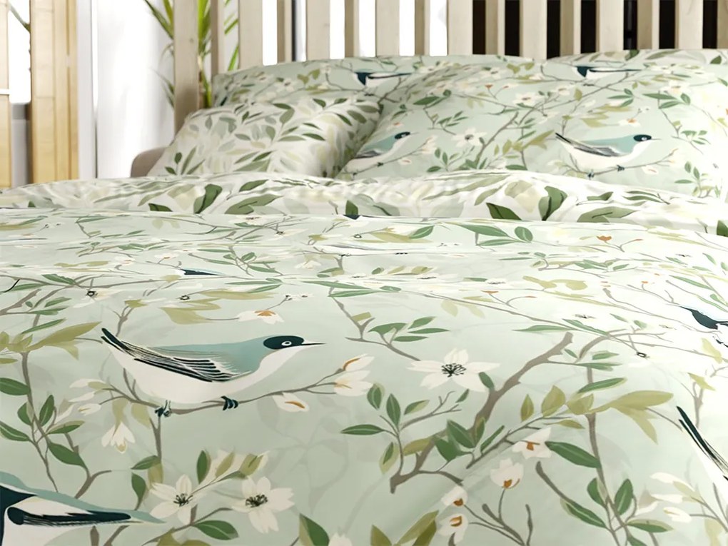 PrzytulneMieszkanie.pl PrzytulneMieszkanie.pl Bawełniana pościel FLORIBIRD POLY zielona Rozmiar pościeli: 2 szt 70 x 90 cm | 200 x 220 cm