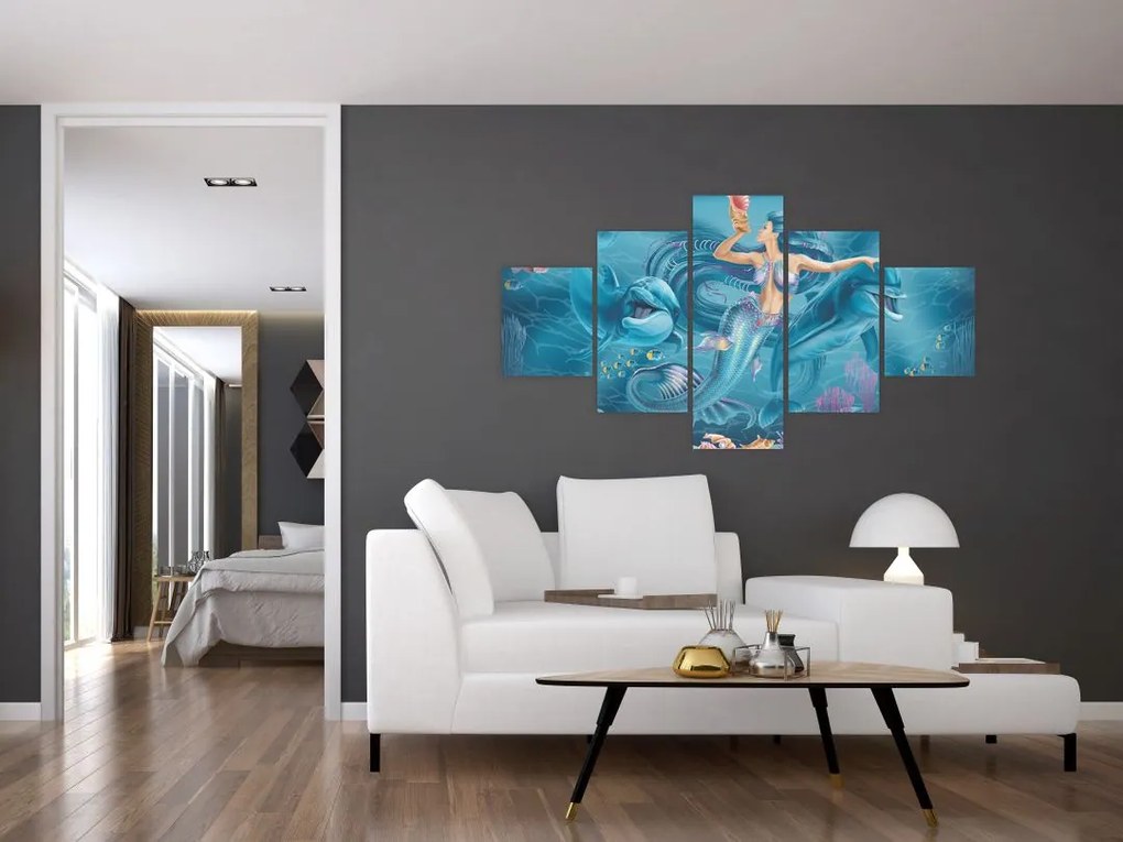 Obraz - Syrenka z delfinami (125x70 cm)