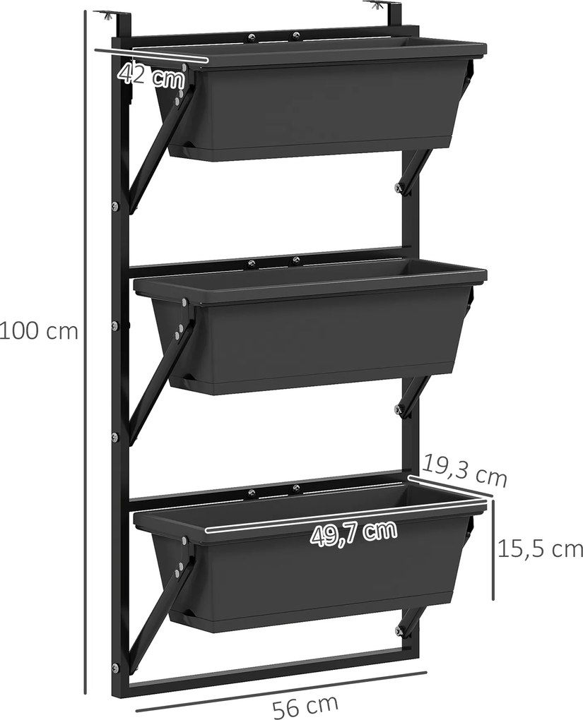 Outsunny Zestaw 3 Donic Pflanzkübel z Otworami, 56x42 cm Donice, Prostokątna Donica, Plastikowa, Ciemnoszary
