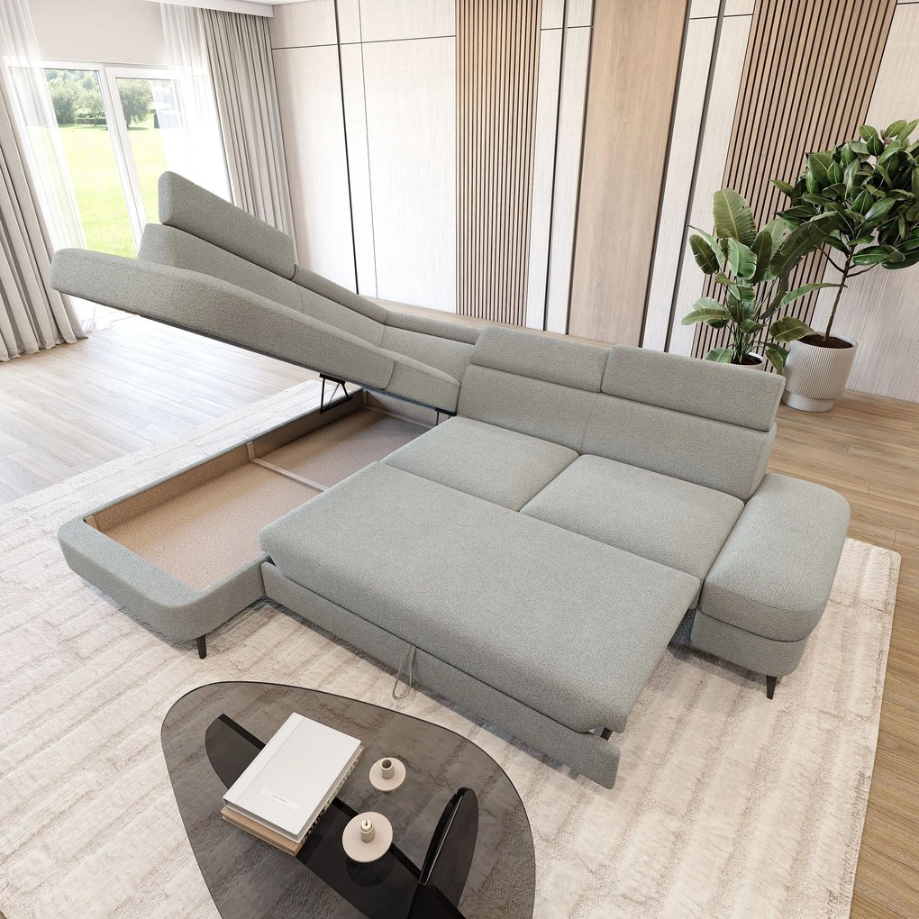 Masseno Narożnik AVISE z funkcją spania i pojemnikiem na pościel Narozniki L, Rozkładana sofa - Jasnoszary, QUELLE 83