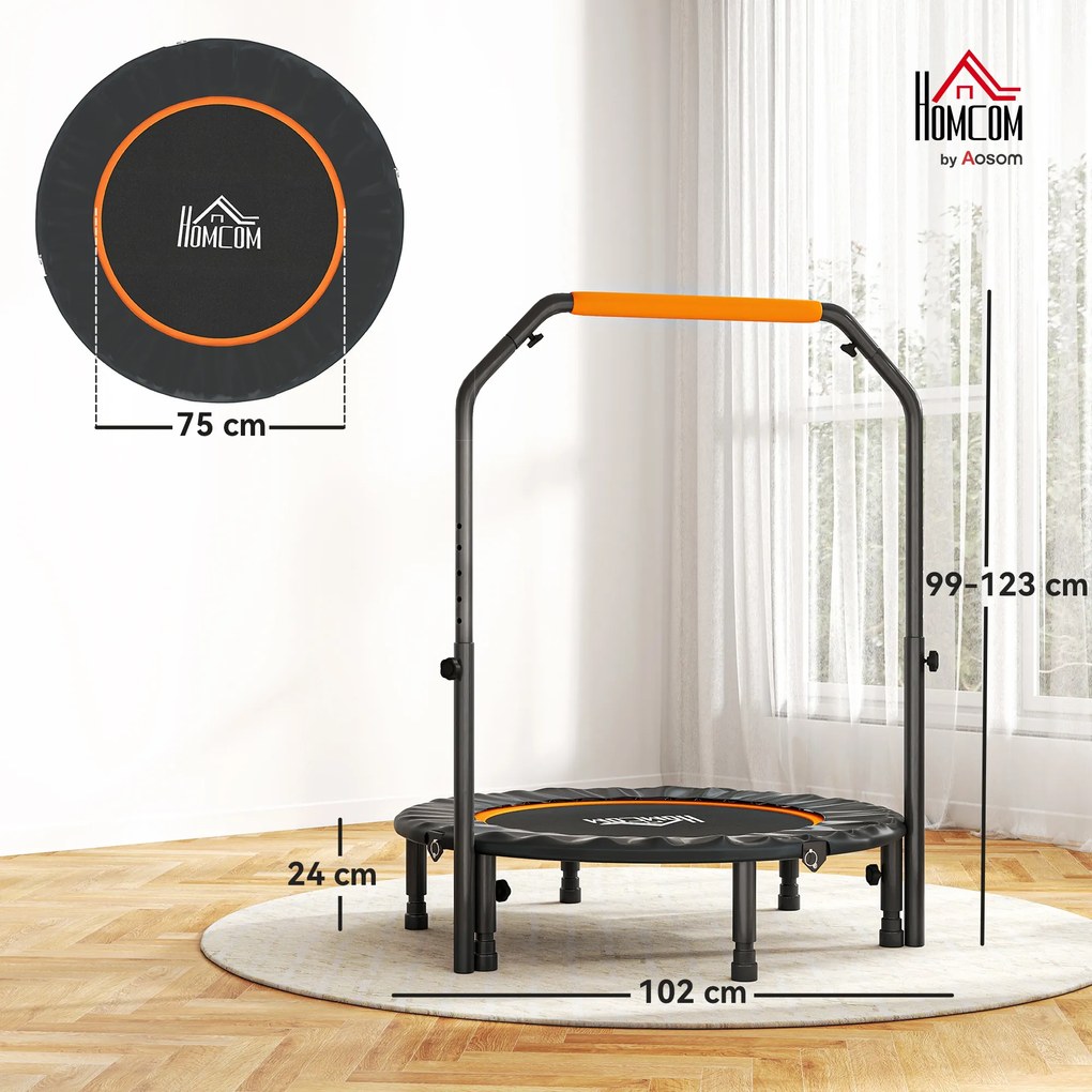 HOMCOM Trampolina Fitnessowa, Składana, Uchwyt Regulowany, Ø102 x 123H cm, do 100 kg, Czarna