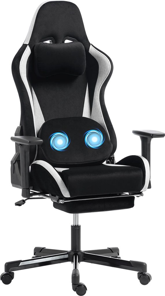 HOMCOM Fotel gamingowy z poduszką lędźwiową z masażem i ogrzewaniem, ergonomiczny, tkanina w wyglądzie lnu, 4D podłokietniki, zagłówek, Schwarz | Aosom PL