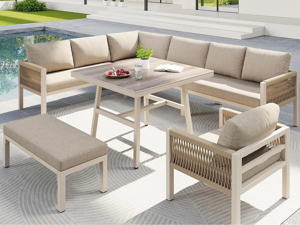 Salon ogrodowy, zestaw mebli z rattanu PE na 6-7 osób - lin - kanapa narożna - z żelaza ocynkowanego - stoły - fotele - ławka, Beżowy