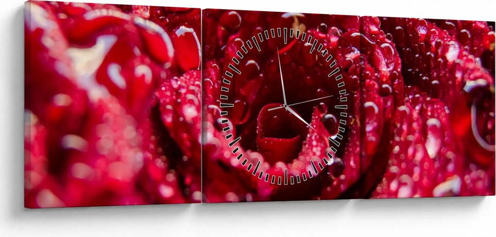 Obraz czerwonego kwiatu róży (z zegarem) (90x30 cm)