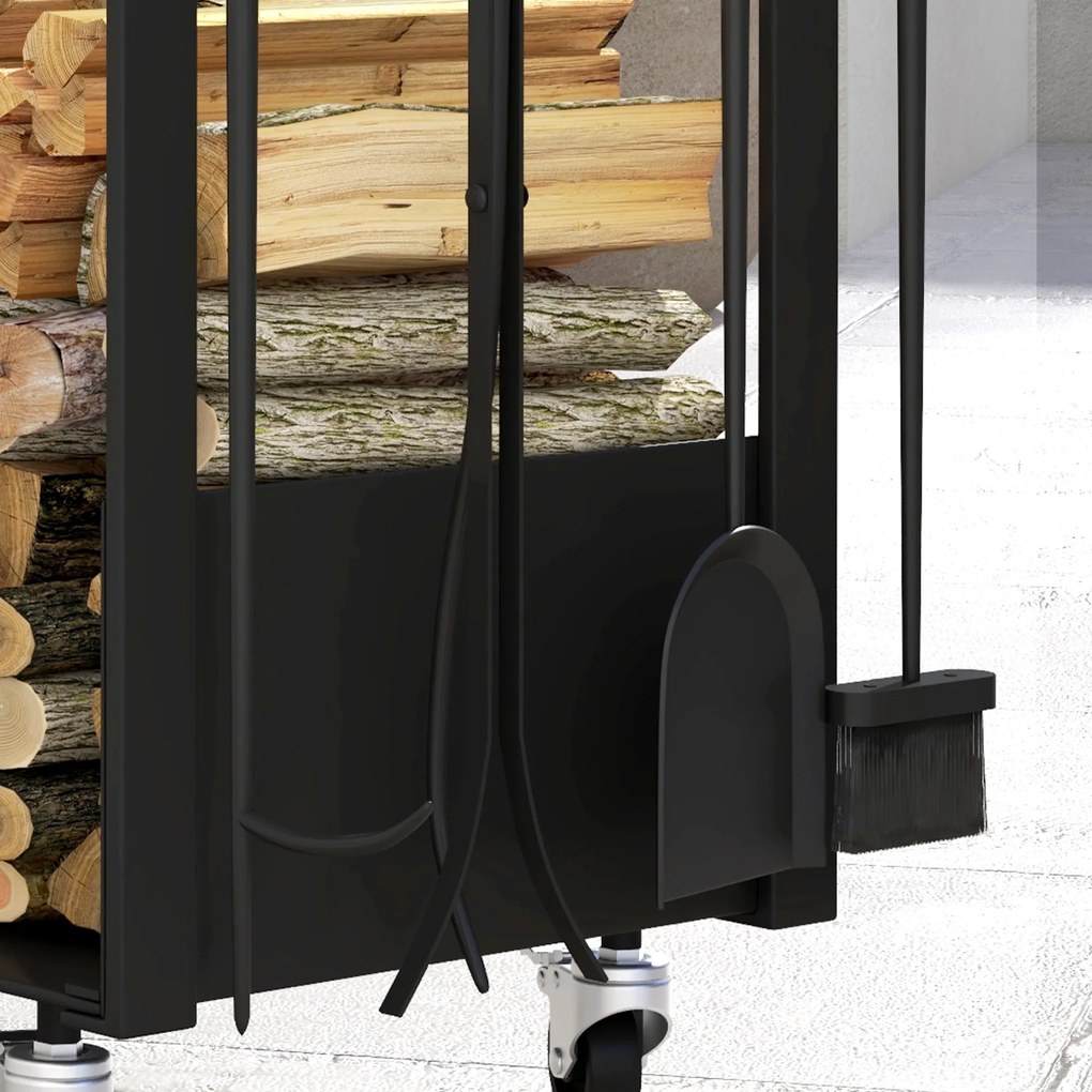 Outsunny Regał na drewno kominkowe z kołami, bogate wyposażenie, metalowa rama, udźwig do 60 kg, 48 x 30 x 76 cm, czarny