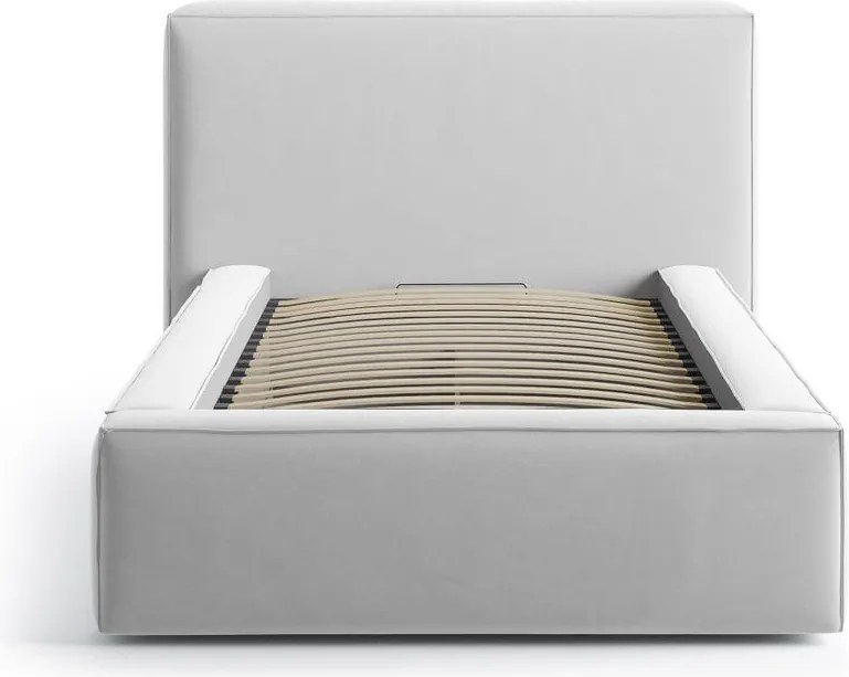 Tapicerowane łóżko jednoosobowe ze schowkiem i stelażem 90x200 cm w kolorze srebra Jodie – Micadoni