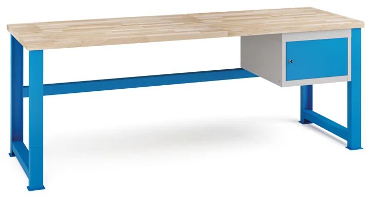 Stół warsztatowy KOVONA, wisząca szafka na narzędzia, blat z drewna bukowego, stałe nogi, 2100 mm