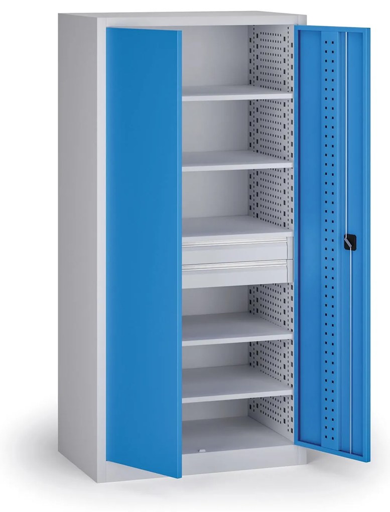 Szafa warsztatowa na narzędzia KOVOS, perforowana, 5 półek, 2 szuflady, 950 x 600 x 1950 mm, niebieski