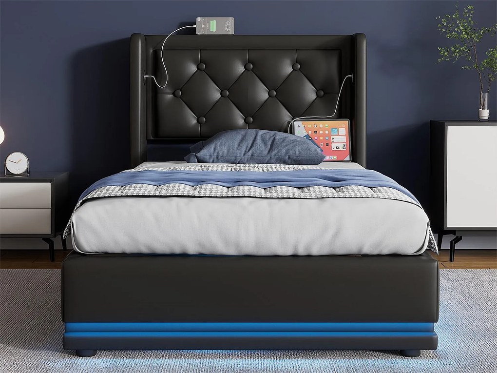 Łóżko tapicerowane 90 x 200 cm z ekoskóry - z funkcją ładowania i LED u stóp łóżka - Czarne
