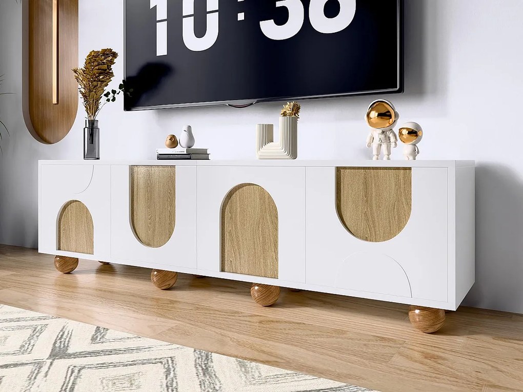 Meble pod TV 175x38x50cm - 4 fronty - wygląd vintage drewna - Drewniane nogi - MDF + płyty wiórowe - Biały i naturalny