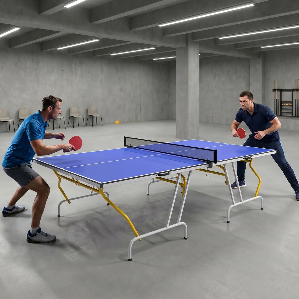 SPORTNOW Stół tenisowy składany z akcesoriami rakietki piłki siatka niebieski 274x152x76 cm | Aosom PL