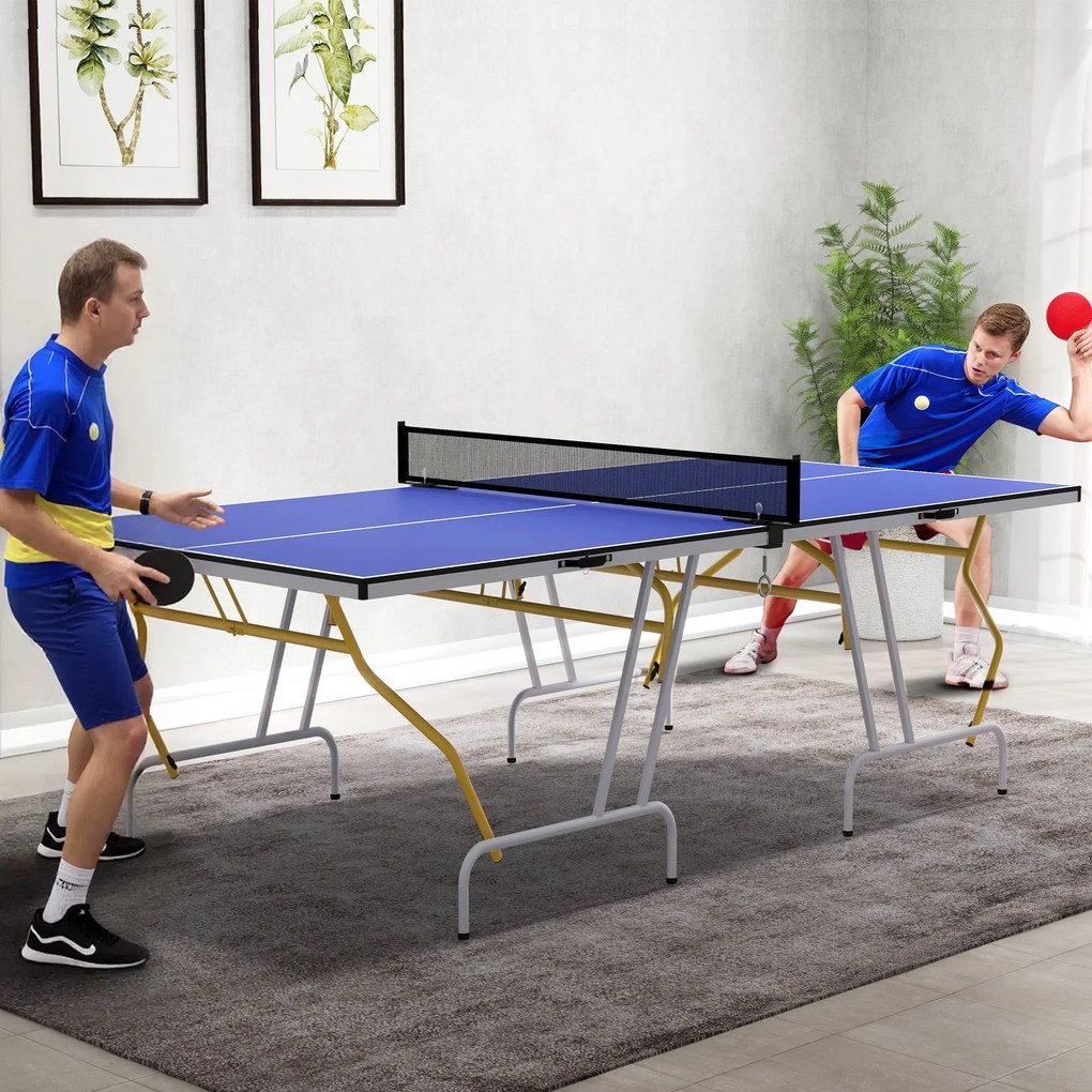 SPORTNOW Stół tenisowy składany z akcesoriami rakietki piłki siatka niebieski 274x152x76 cm | Aosom PL