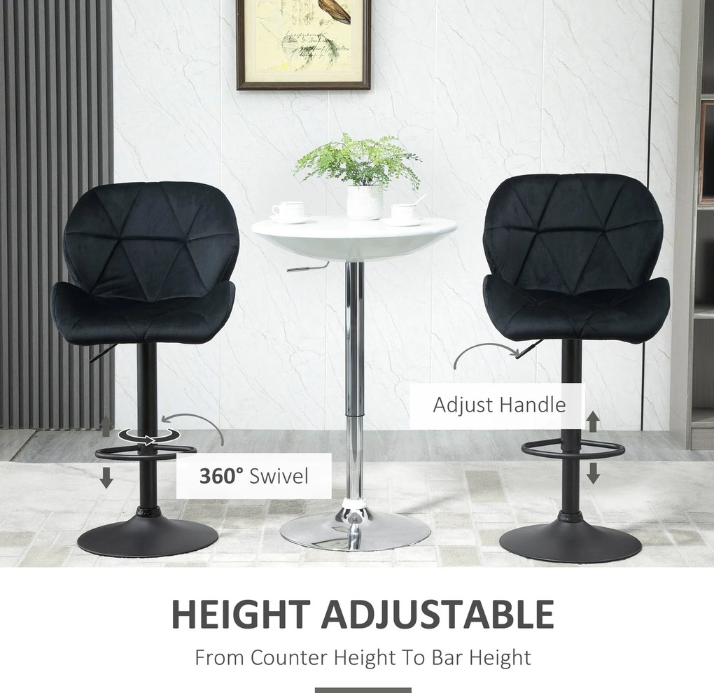 HOMCOM Zestaw 2 stołków barowych obrotowe taborety z oparciem imitacja aksamitu regulacja wysokości kolor czarny