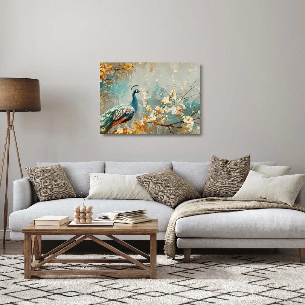 Obraz na szkle - Paw ze złotą dekoracją (70x50 cm)