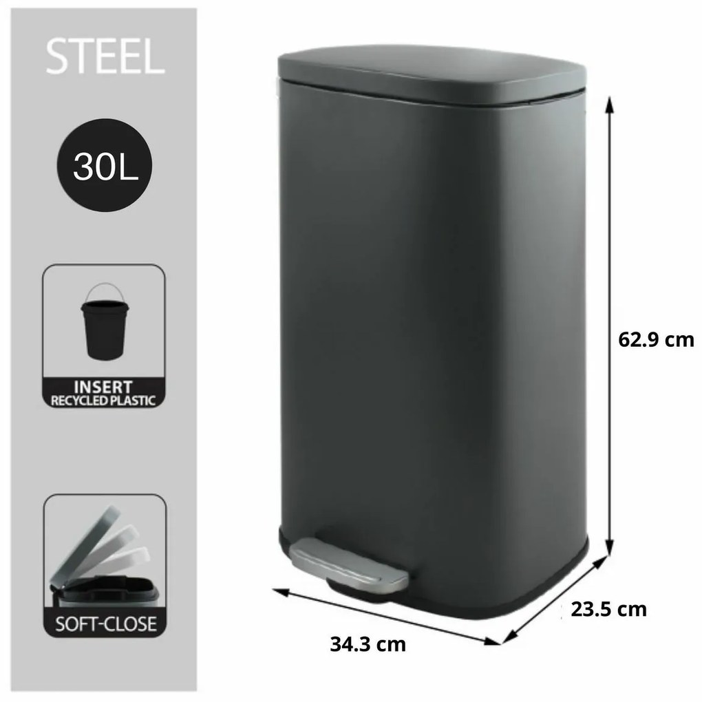 Spirella Kosz na śmieci z pedałem soft-close Akira 30 l, matowy szary, 30 l