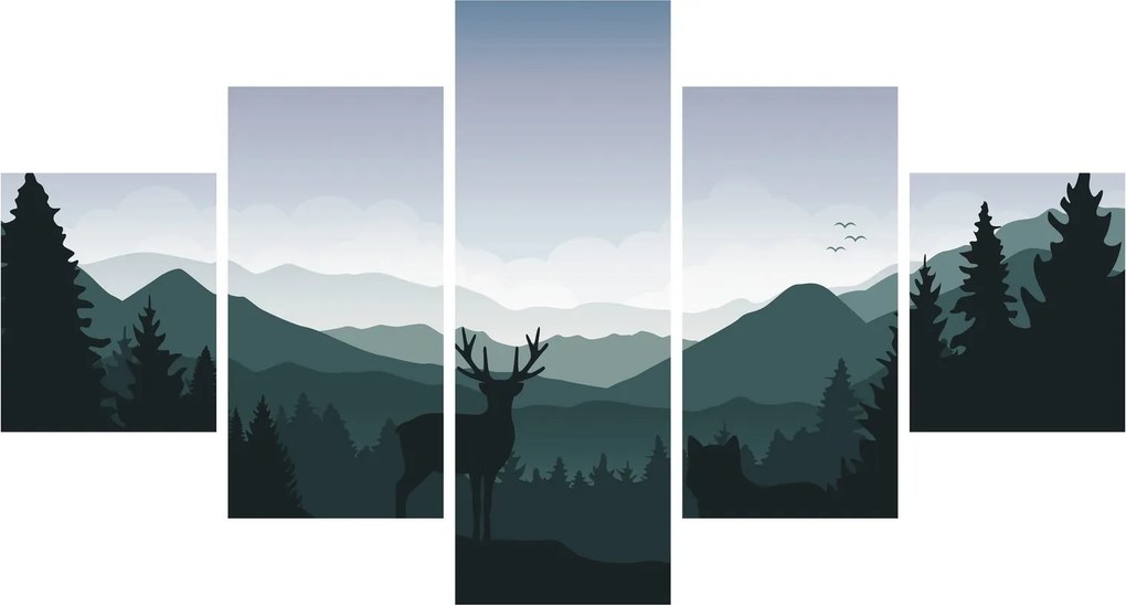 Obraz - Jeleń z wilkiem w skałach (125x70 cm)