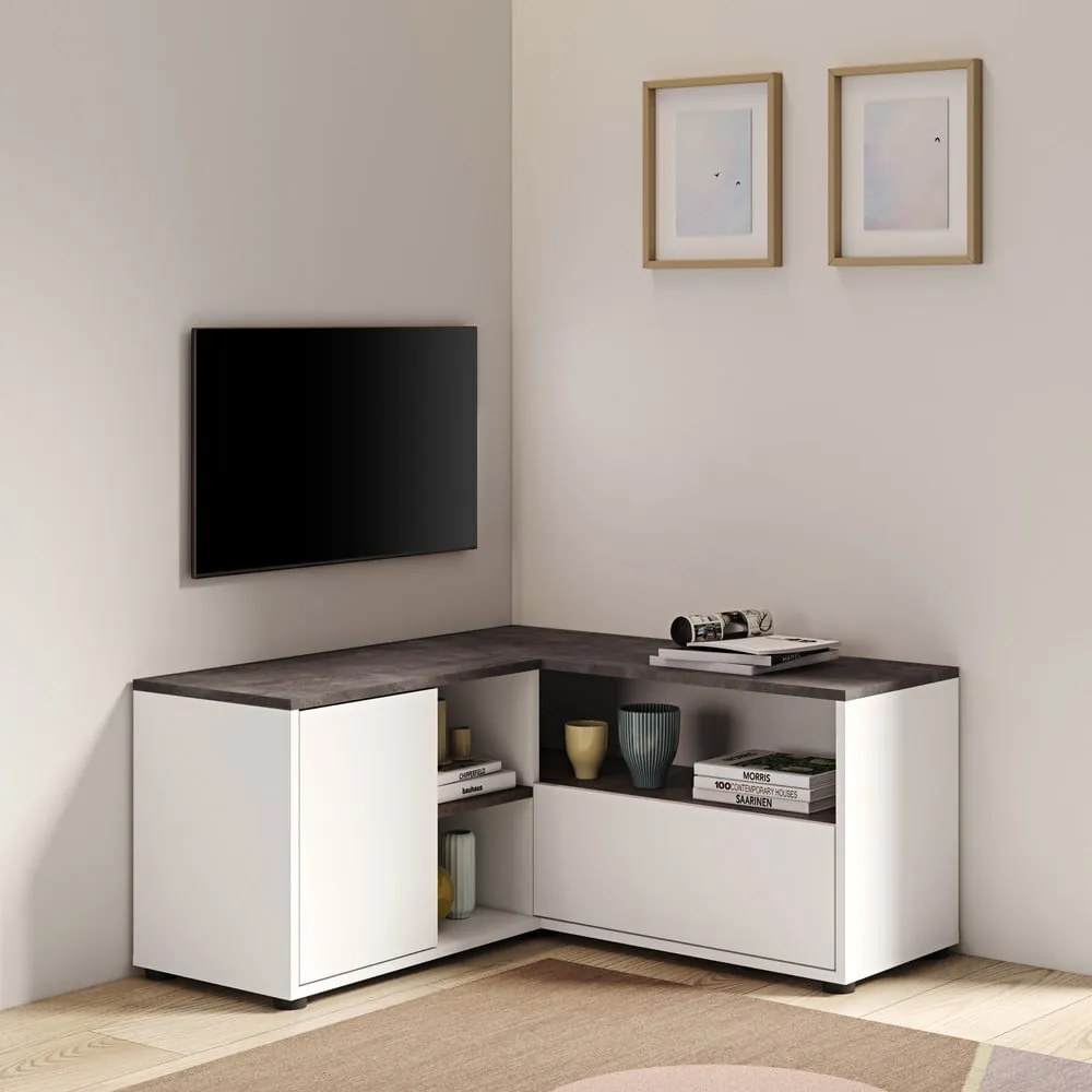 Biało-szara szafka pod TV w dekorze betonu 90x45 cm Angle – TemaHome