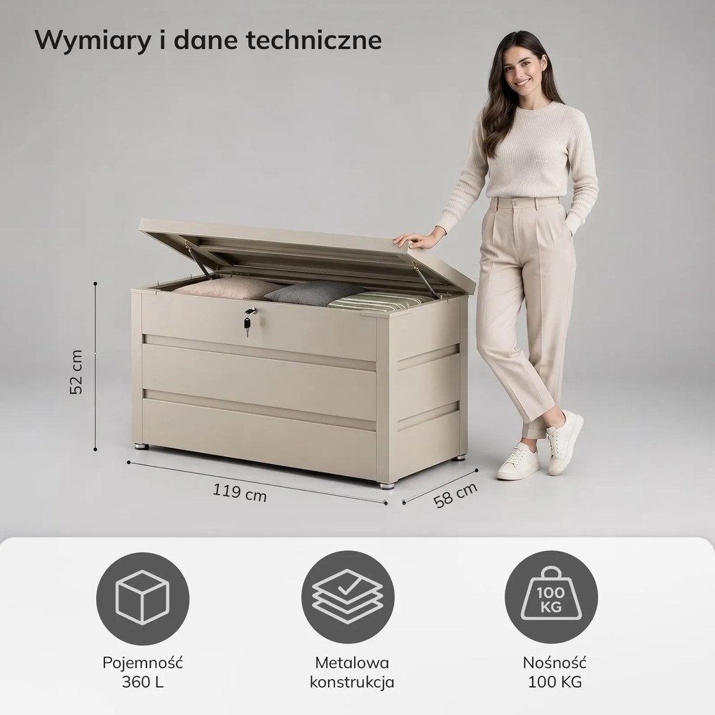 Metalowa skrzynia ogrodowa Carrie 360 litrów, 119 × 58 × 52 cm, kolor beżowy