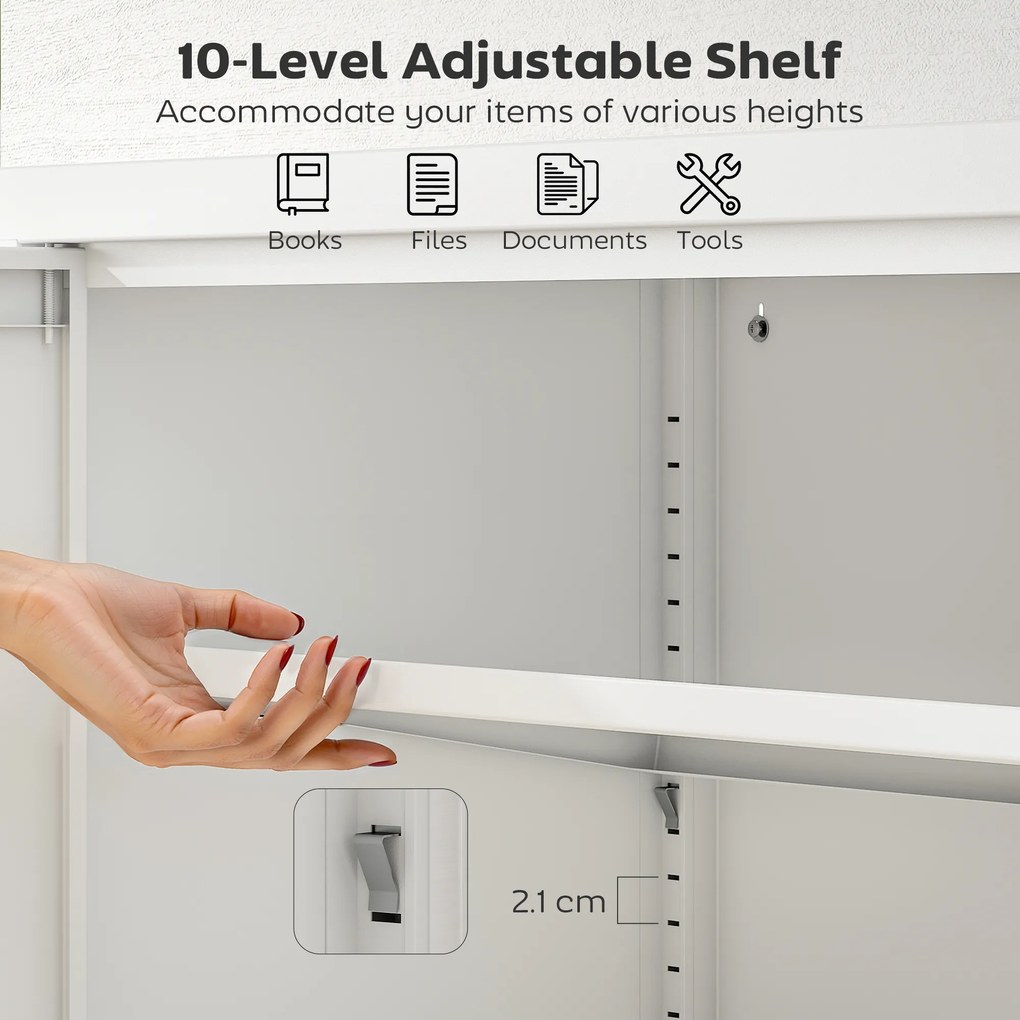 HOMCOM Szafa na akta Szafa biurowa Zamykana Szafa wielofunkcyjna ze stali z 2 drzwiami, regulowanymi półkami Biała