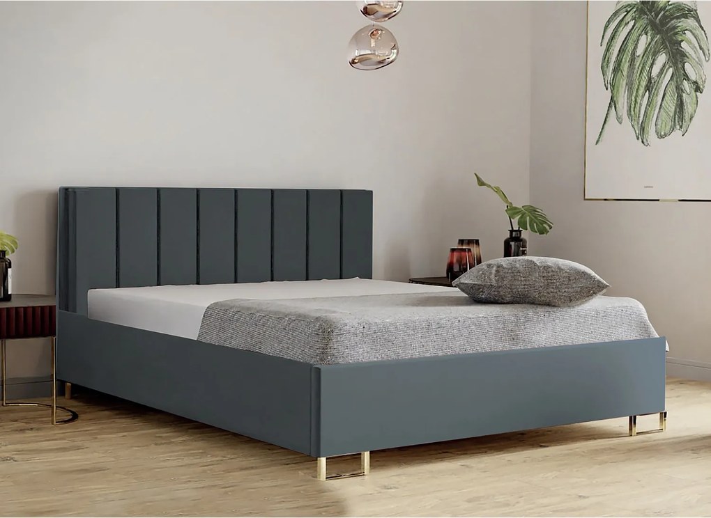 Łóżko tapicerowane MALIBU, wezgłowie, obicie MONOLITH, pojemnik na pościel, podnośnik gazowy, wysokość spania 39 cm, 120x200 cm, Szary