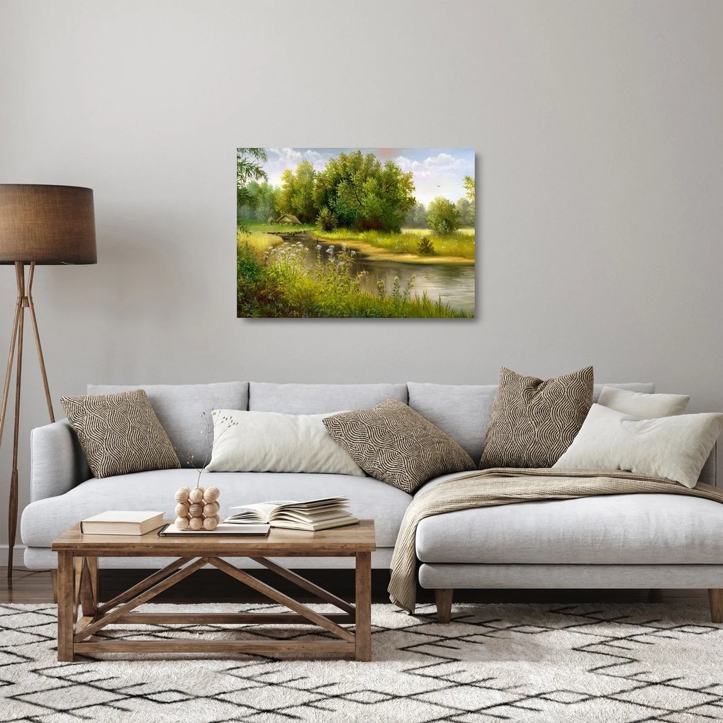 Obraz na szkle - Rzeka przy lesie, obraz olejny (70x50 cm)