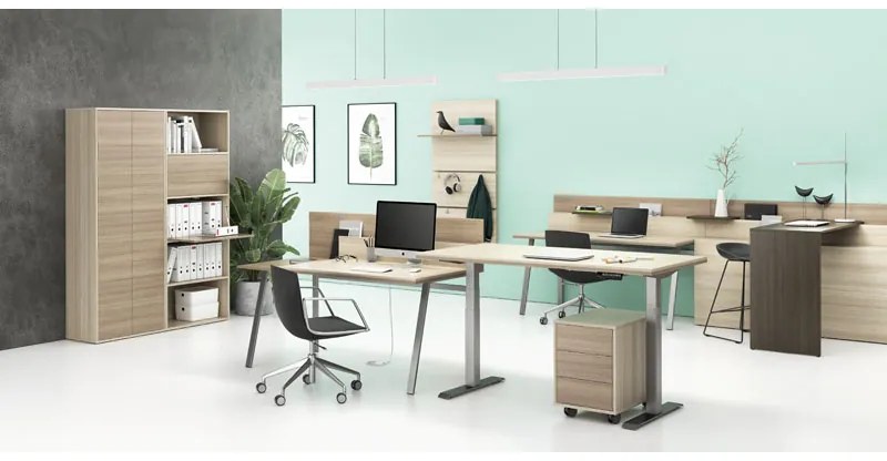 Biurko z regulacją wysokości SINGLE LAYERS, 160x80 cm, 2 silniki, z przegrodami, dąb naturalny/dąb bejcowany