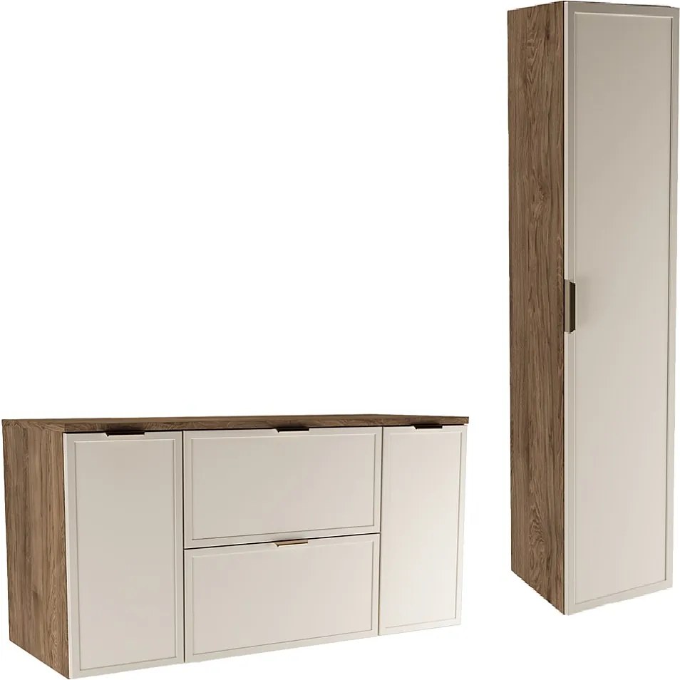 Zestaw do Łazienki 120cm Szafka z Blatem 2D2S Słupek Fronty Ramka Dąb Orzech / Kaszmir Roma