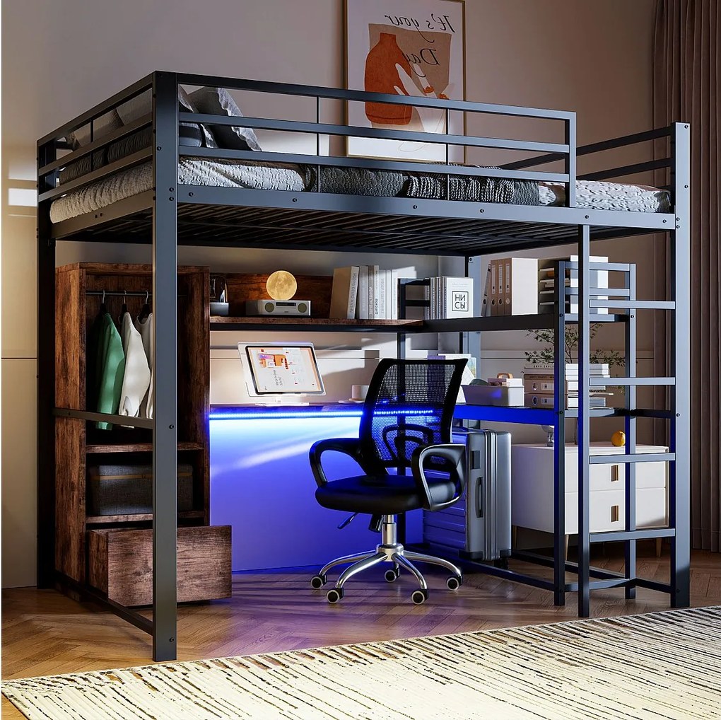 Łóżko piętrowe dla dzieci - 140 x 200 cm - z szafą + oświetlenie LED + biurko + 1 szuflada - płyta MDF + metal - czarne