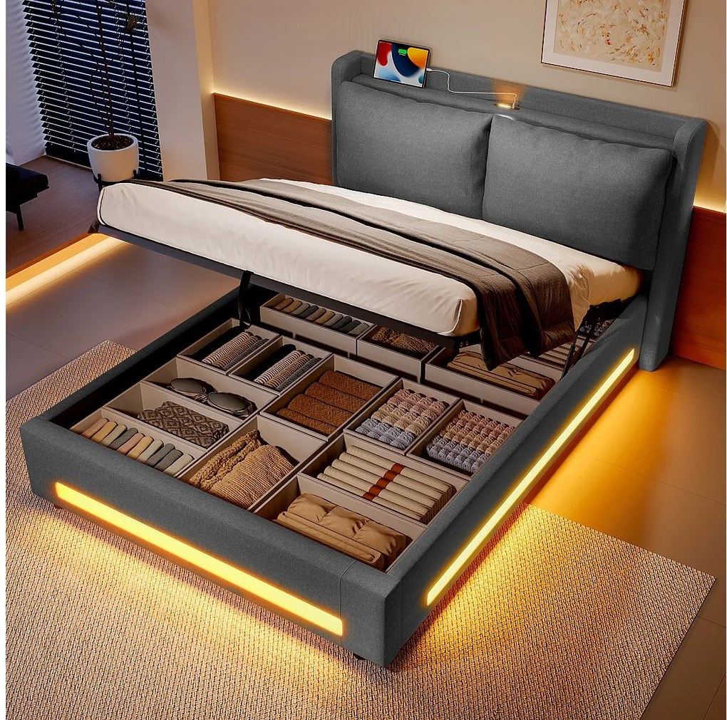 Nowoczesne łóżko z pojemnikiem na pościel - 140 x 190 cm - z zagłówkiem + USB-C + diody LED + zdejmowane poduszki - welur - ciemnoszary