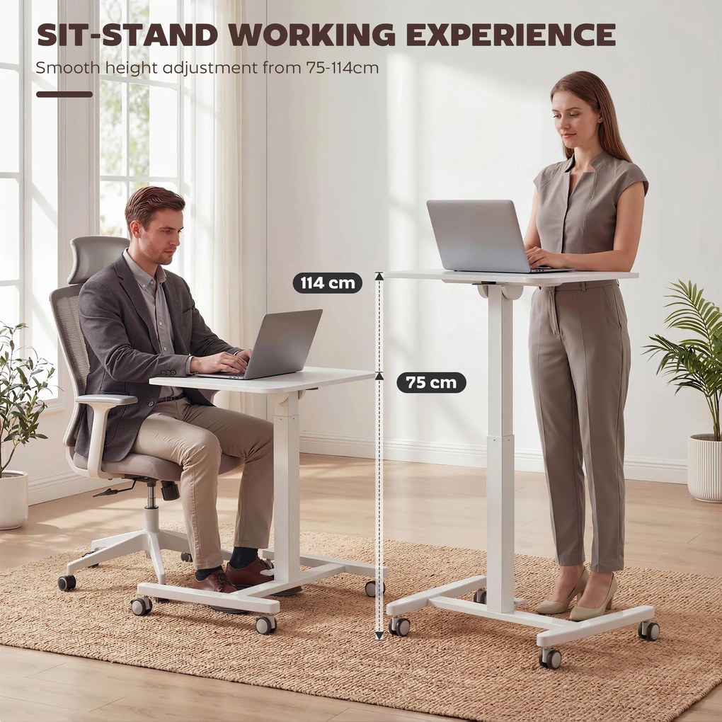 HOMCOM Regulowane Biurko Stojące, Mobilne Biurko z Regulowanym Blatem, Blokada Bezpieczeństwa, Kółka, Białe | Aosom PL