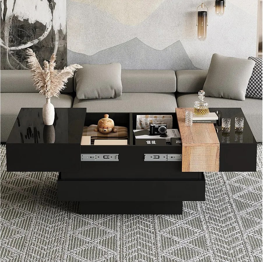 Stolik kawowy lakierowany na wysoki połysk do salonu - 70 x 70 x 39 cm - rozkładany i z ukrytym schowkiem - MDF - czarny