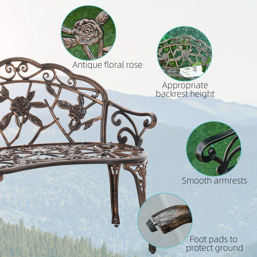 Outsunny Ławka ogrodowa 2-osobowa z metalu, ławka w stylu retro z motywem kwiatowym 100 x 54 x 78 cm, brązowa | Aosom PL