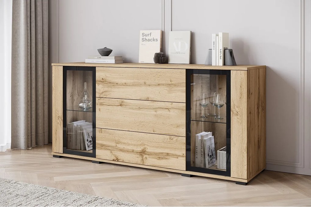 Komoda 150 cm do salonu nowoczesna witryna z przeszkleniami i szuflady wotan mat