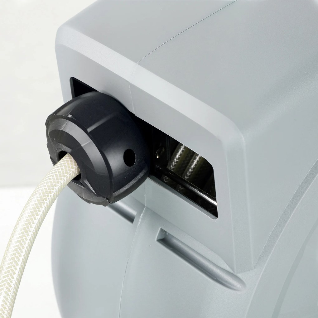 Outsunny Uchwyt na wąż ogrodowy, 25+2 metry wąż ogrodowy w solidnej obudowie, montaż ścienny, 7 wzorów natrysku, obrót o 180°, Szary