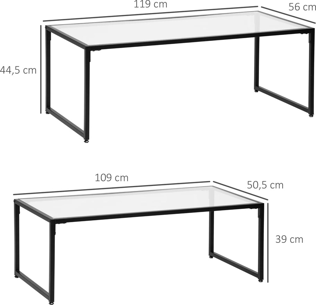 HOMCOM Zestaw 2 Stolików Kawowych Stalowe z Przezroczystym Blatem Nowoczesny Design Czarne 119x56x44.5 cm | Aosom PL