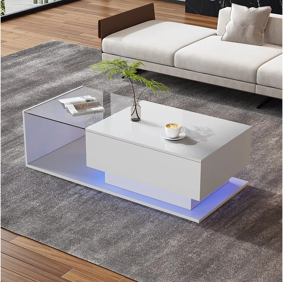 Stolik kawowy z dużą szufladą - 100x50x32 cm - diody LED - blat szklany - płyta wiórowa - połysk biały