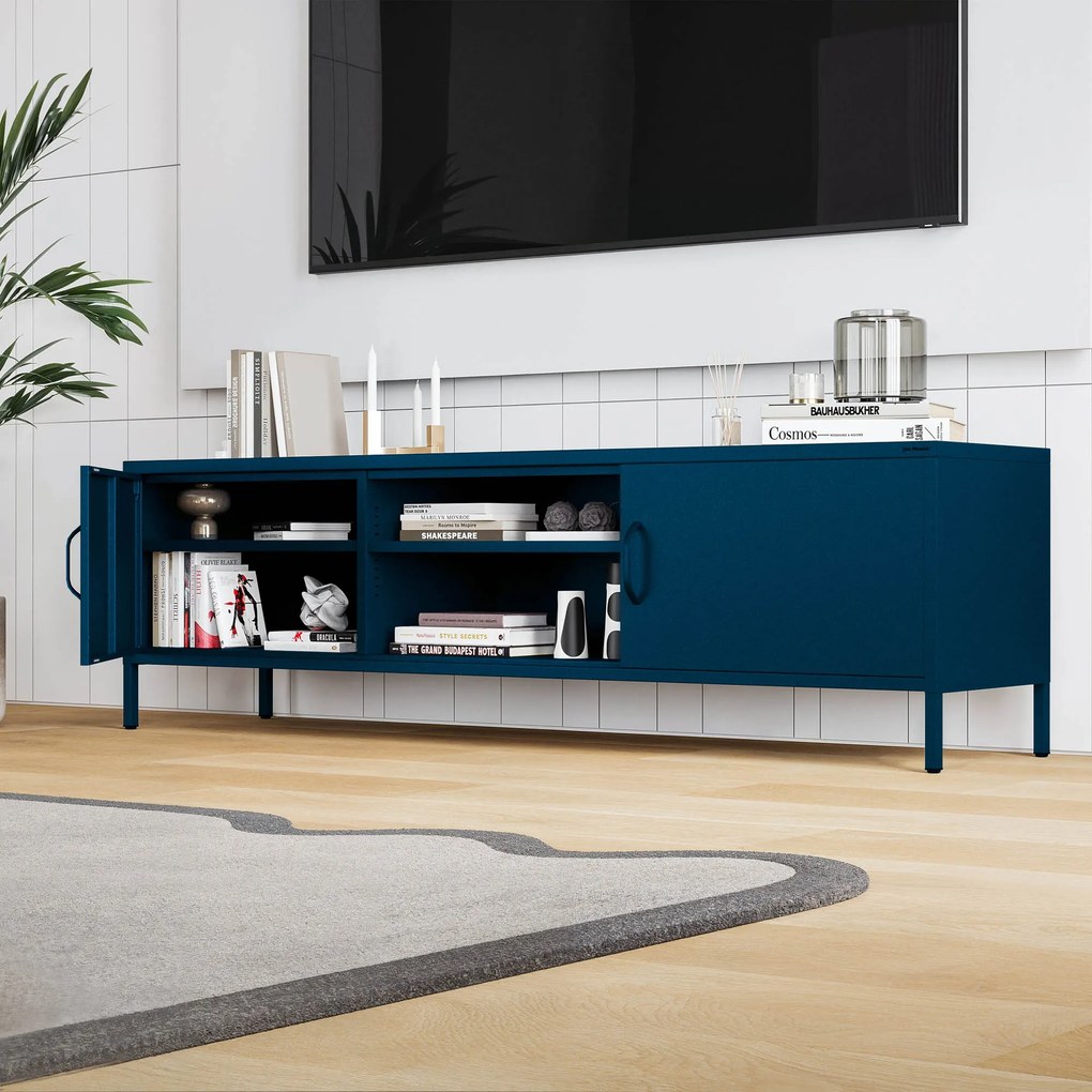 Szafka RTV metalowa szeroka XL na nóżkach granatowa, 1700x400x500 mm: ROSARIA