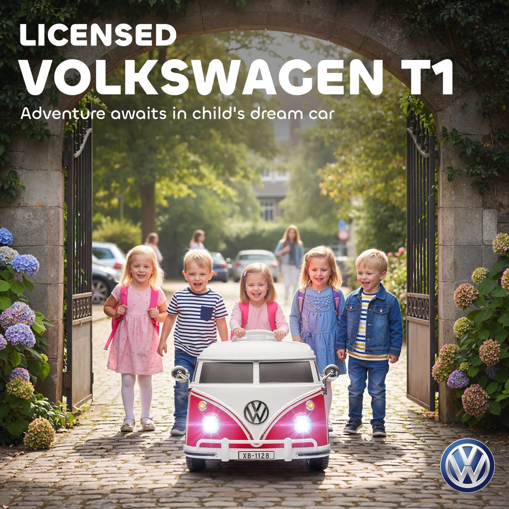 AIYAPLAY Elektryczny samochodzik dla dzieci Volkswagen T1 z odtwarzaczem MP3, z metalu i PP, 89x49x41.5 cm, Czerwony