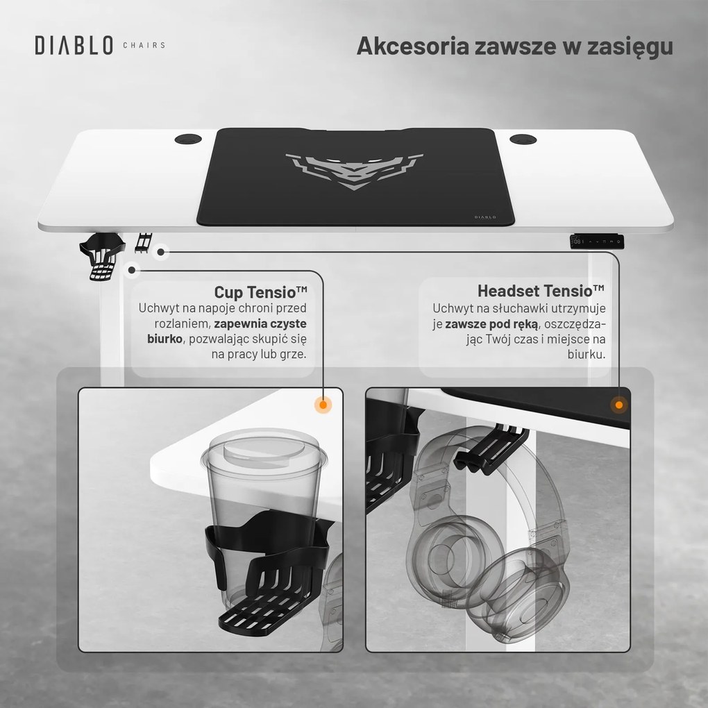 Biurko gamingowe z regulacją wysokości Diablo X-Tensio 140 cm, kolor biały