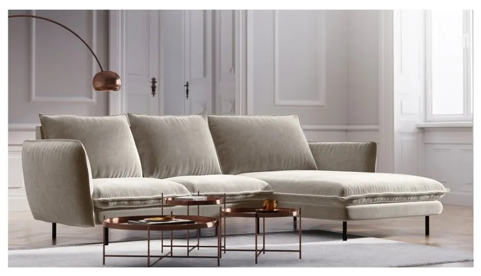 Beżowa narożna aksamitna sofa prawostronna Cosmopolitan Design Vienna