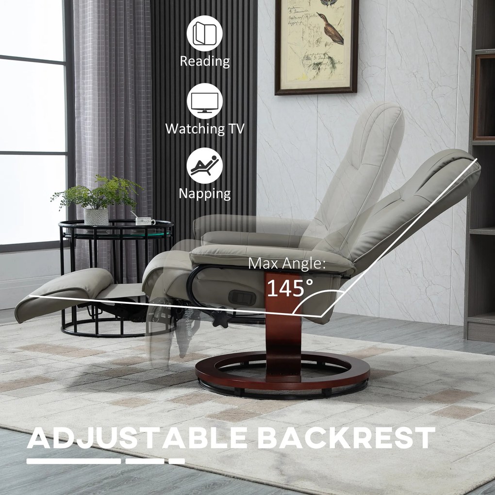 HOMCOM Fotel Relaksacyjny TV Obracany 360°, Neigbar do 145°, Skóra Ekologiczna, Szary, 78 x 87 x 100 cm