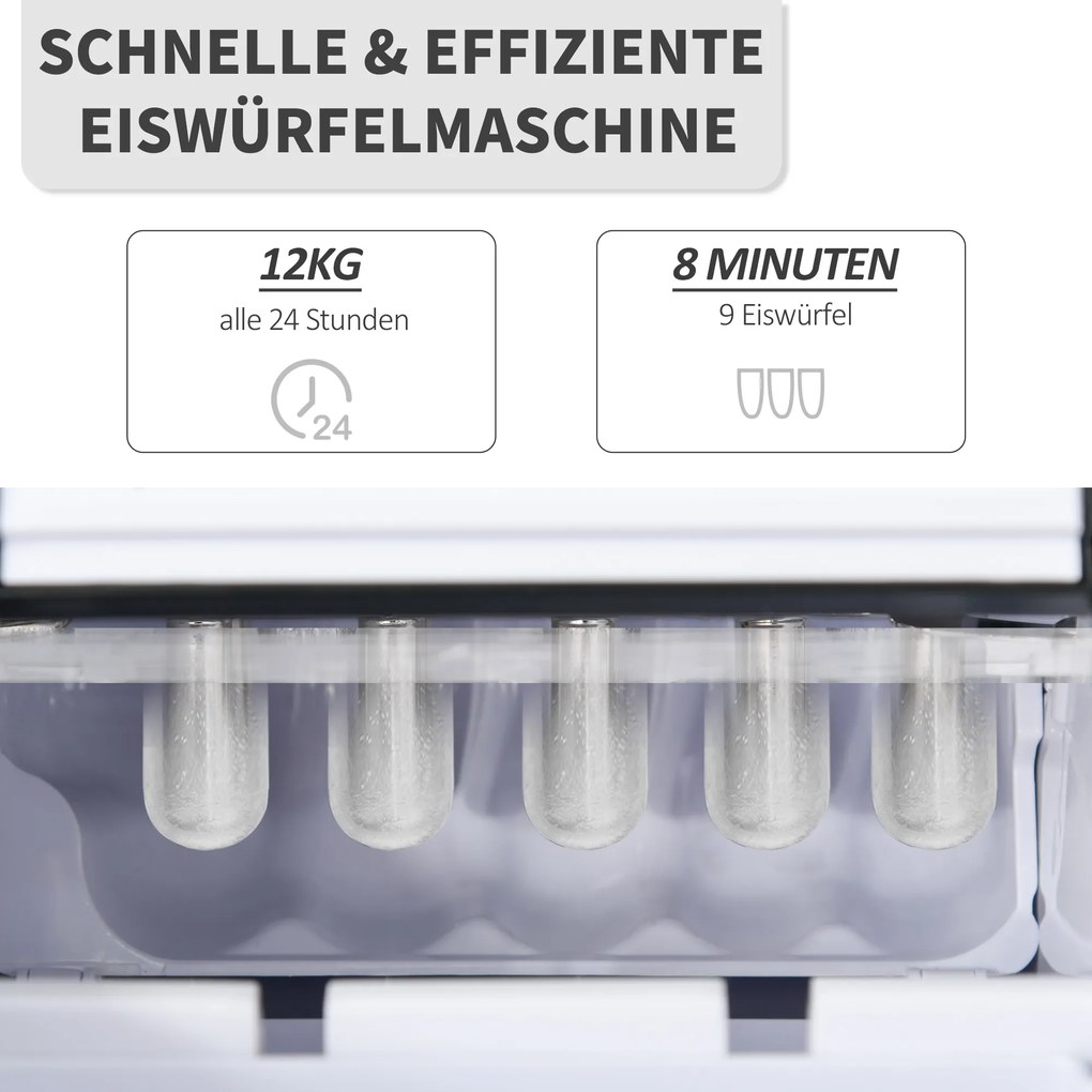 Maszyna do Lodu HOMCOM 12kg/24h 2L Maszyna do kostek lodu z Wyświetlaczem LED, 2 L Pojemność Zbiornika, 90 W, Czarna