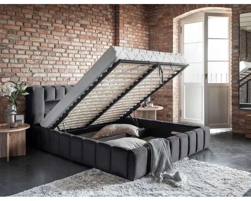 Szare tapicerowane łóżko dwuosobowe ze schowkiem ze stelażem 180x200 cm Lamica – ELTAP