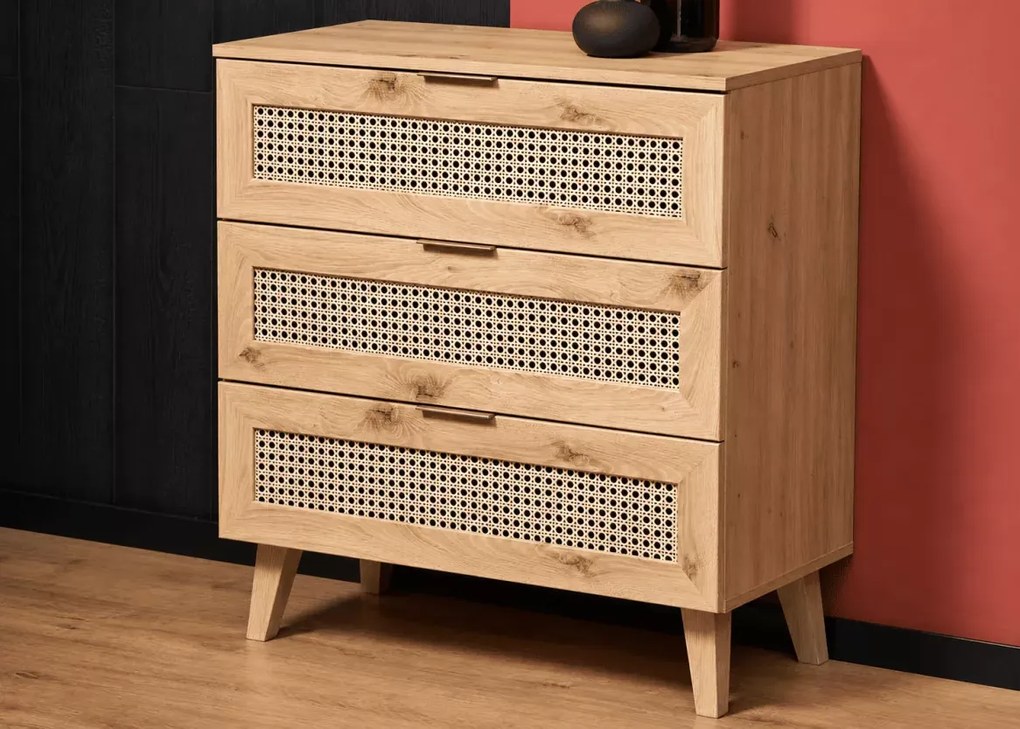 Komoda Calviro II – elegancka i funkcjonalna komoda w kolorze dąb artisan z modnymi wstawkami imitującymi plecionkę
